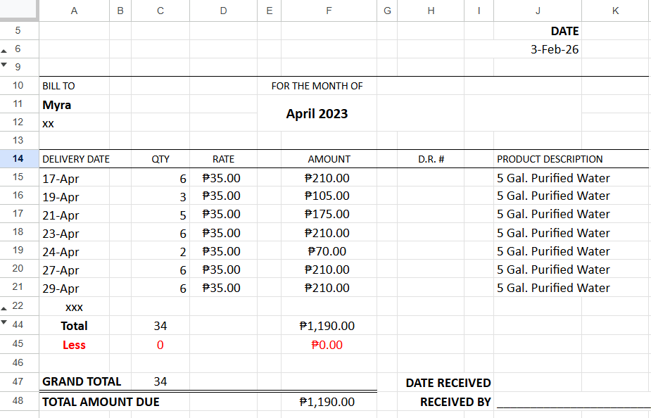 Sample invoice statement from Excel